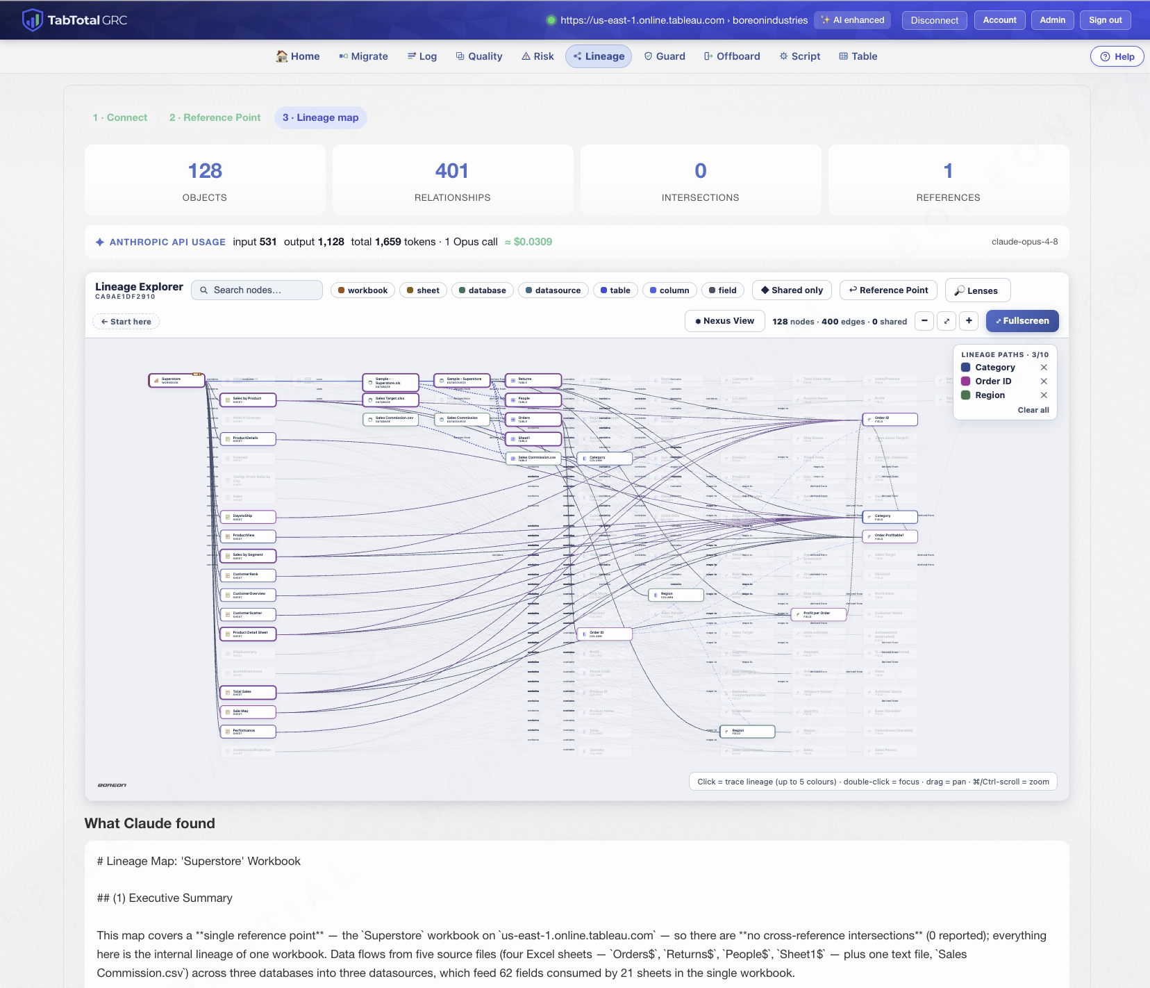 The Lineage tool running inside TabTotal.